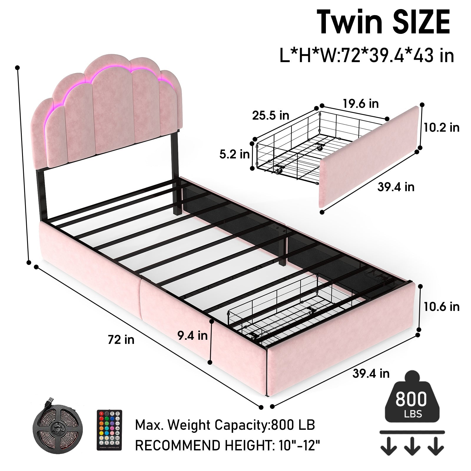 Velvet Petal Platform Bed with RGB LED Lights & Storage Drawers, Pink Wood+Metal Design, 72' L x 43' W x 39' H