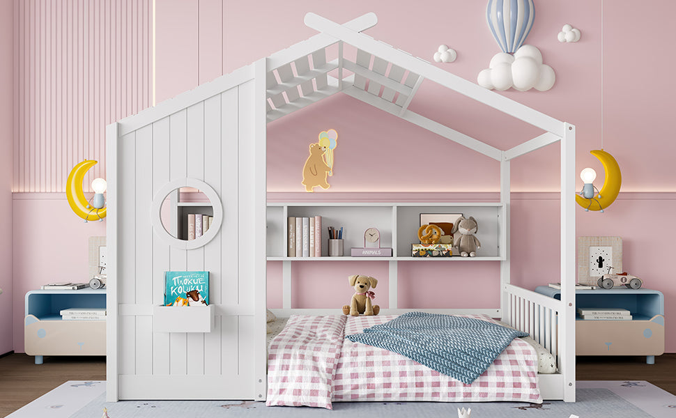 Full Size Floor House Bed for Toddler, Kids Montessori Bed  with Storage Shelf, Playhouse Bed with Roof Design, White