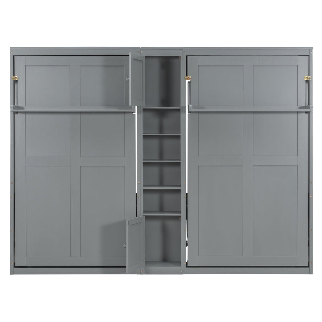 Dual Twin size Wall Murphy Beds with Cabinets and Shelves, Gray