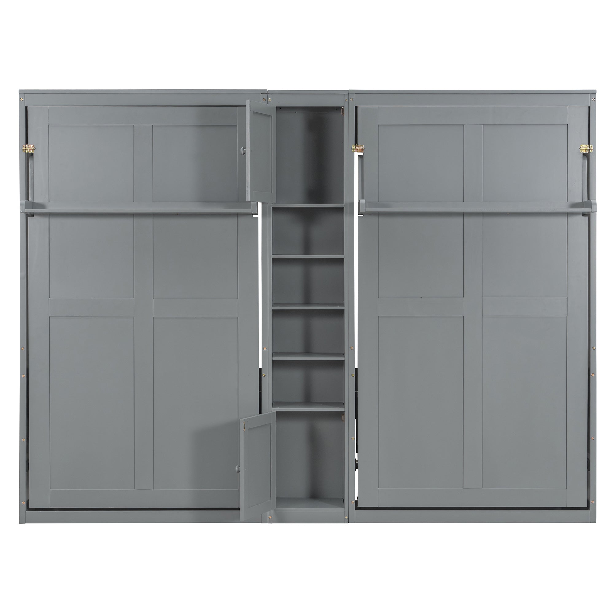 Dual Twin size Wall Murphy Beds with Cabinets and Shelves, Gray