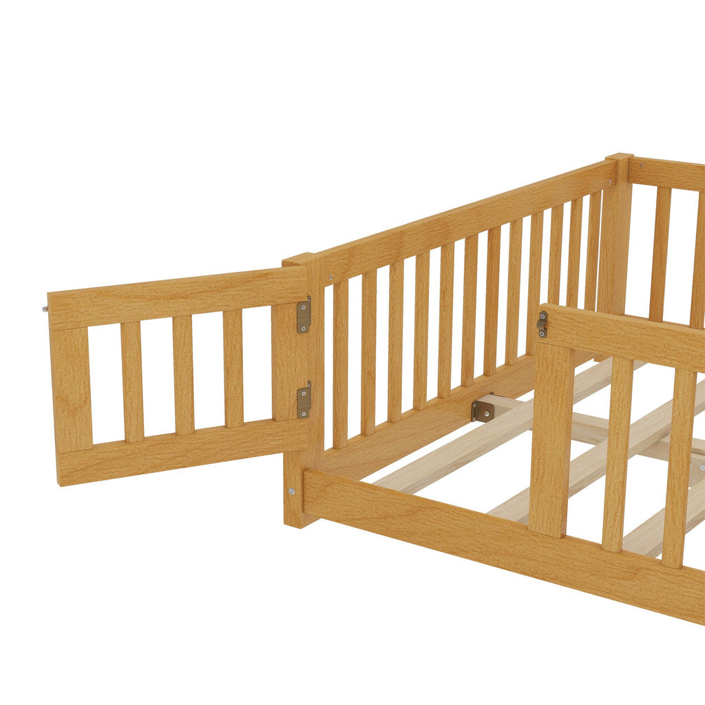 Full Size Bed Floor Bed with Safety Guardrails and Door for Kids, Natural(Old SKU:  W1580P154627)