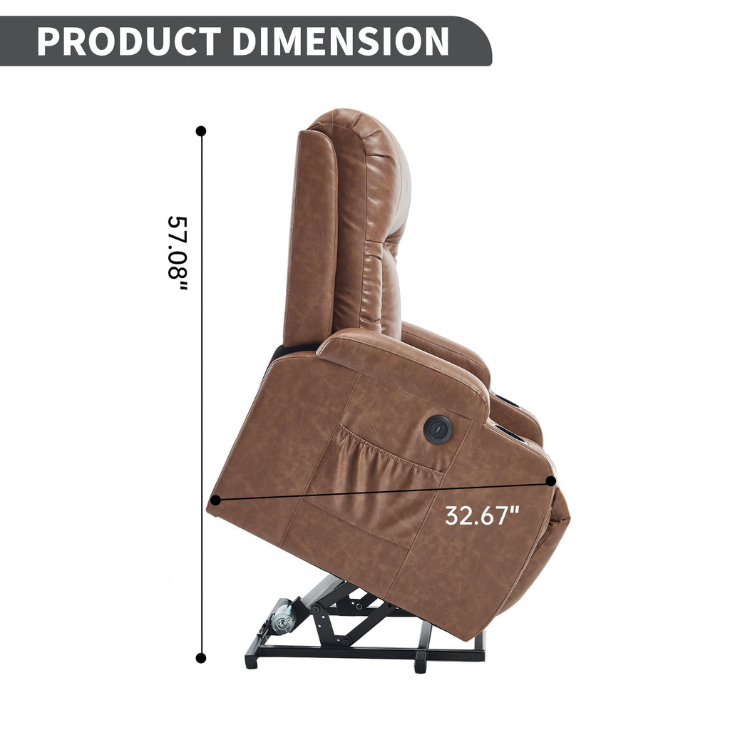 Brown PU Infinite Position Up to 350 LBS Power Lift Recliner Chair for Elderly, Heavy Duty Motion Mechanism with 8-Point Vibration Massage and Lumbar Heating, USB Charging Port, Cup Holders