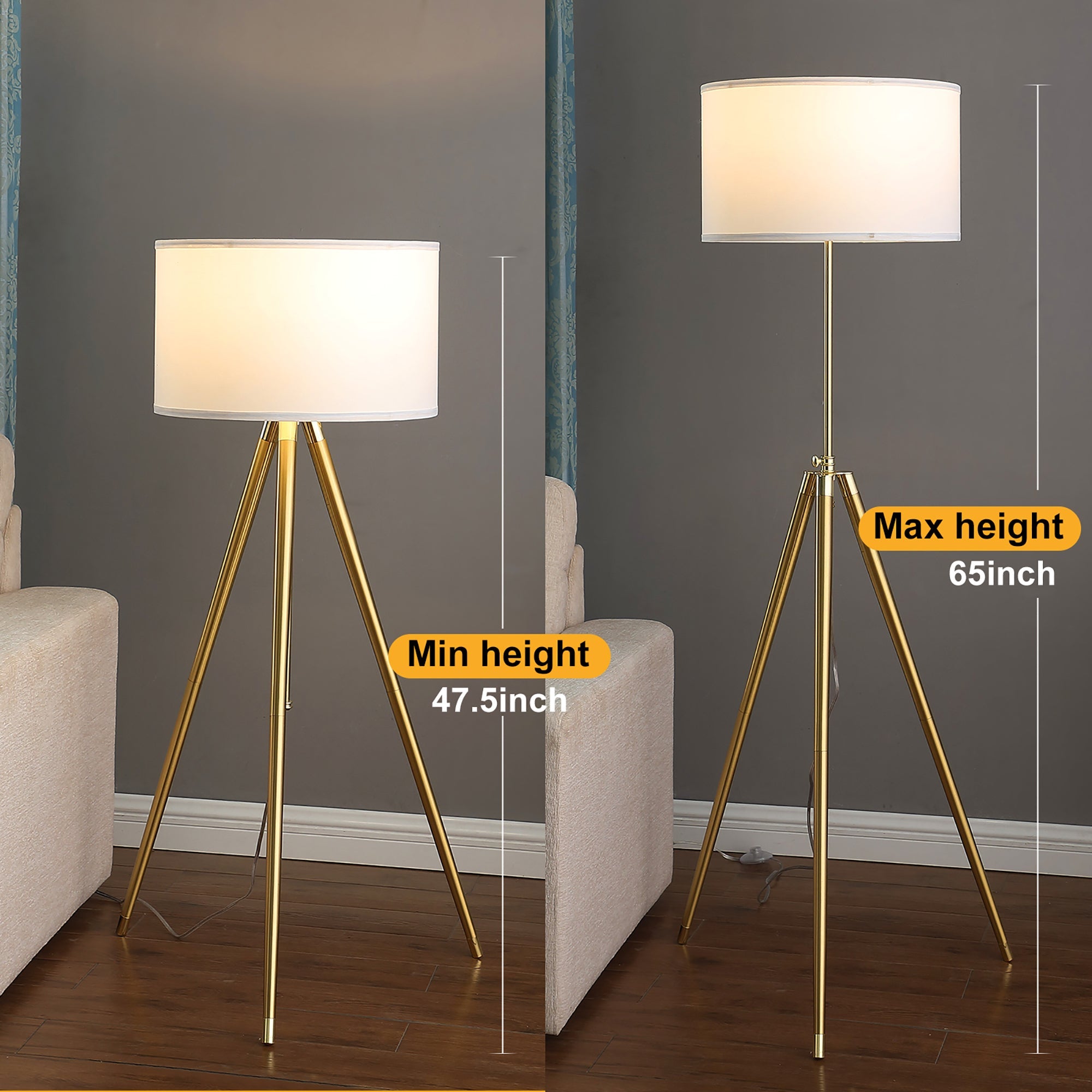 64' - 47'H Adjustable Height Brass/Shiny Gold Modern Tripod Floor Lamp for Living Room, Standing Lamp for Bedroom