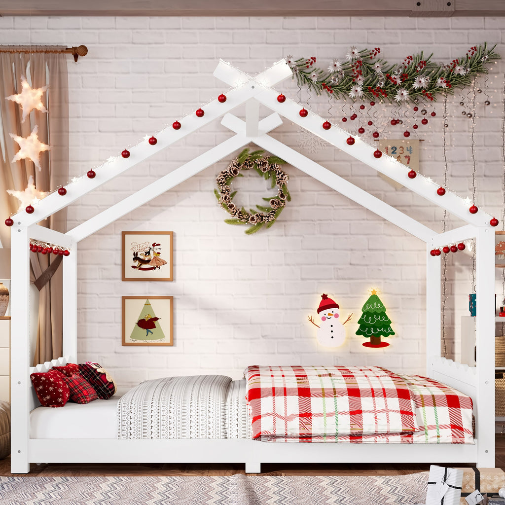 Full House Floor Bed with Support Slats, Solid Wood House Bed Frame for Kids, No Box Spring Needed and Opening Constructure, White
