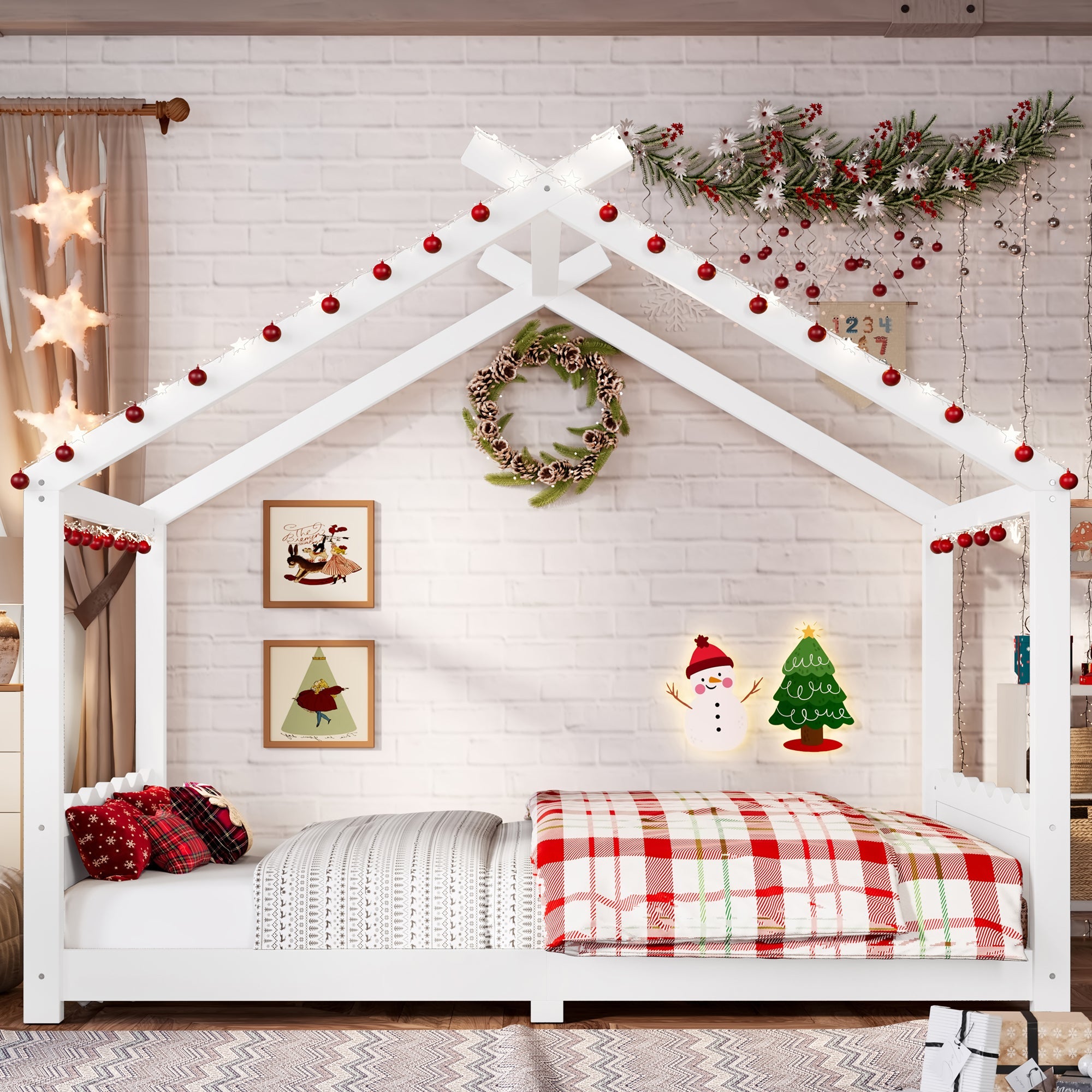 Full House Floor Bed with Support Slats, Solid Wood House Bed Frame for Kids, No Box Spring Needed and Opening Constructure, White