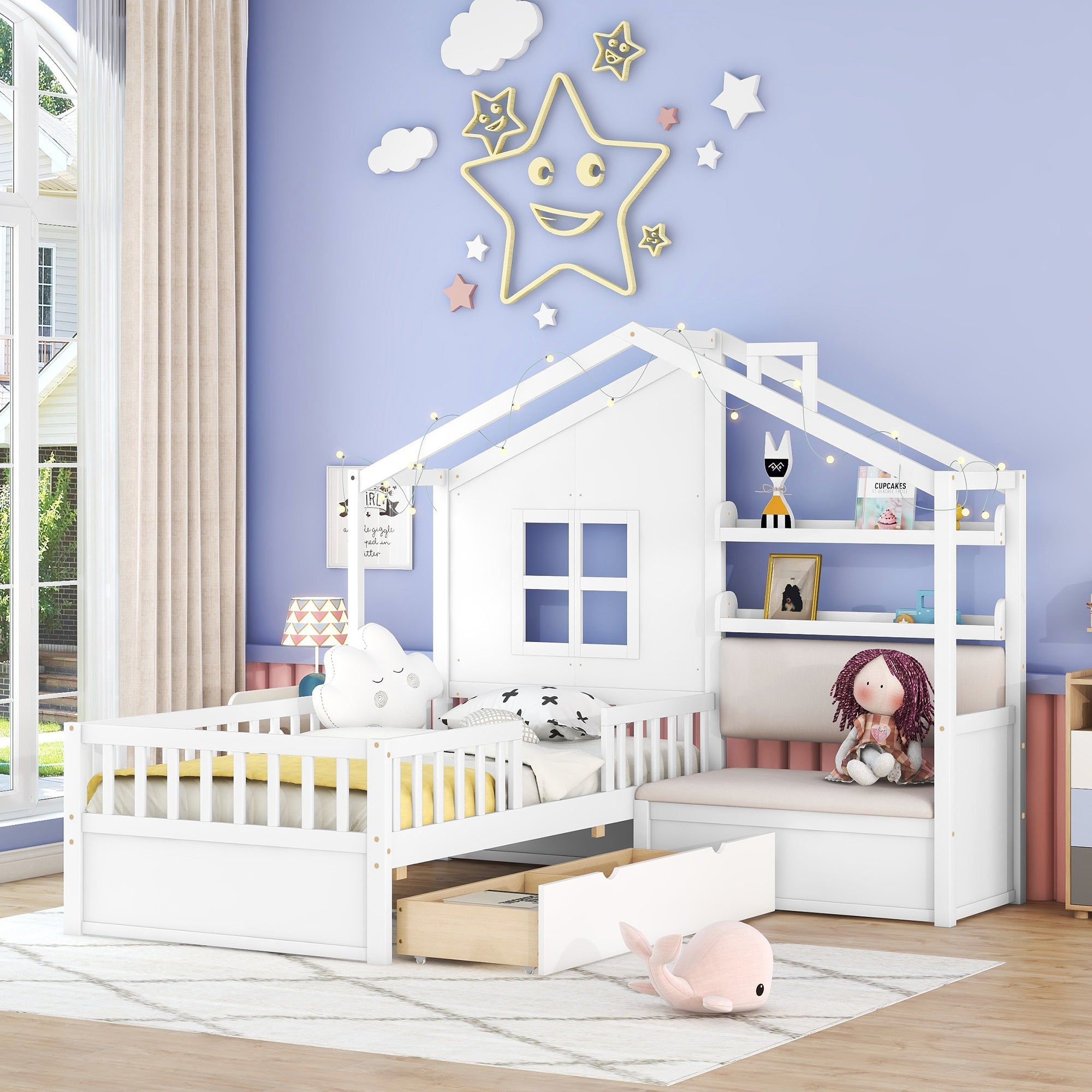 Twin Size House Bed with Sofa, Kids Platform Bed with Two Drawers and Storage Shelf, White (Old SKU:HL000065AAK)