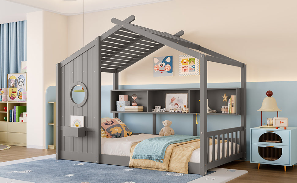 Twin Size Floor House Bed for Toddler, Kids Montessori Bed  with Storage Shelf, Playhouse Bed with Roof Design, Gray