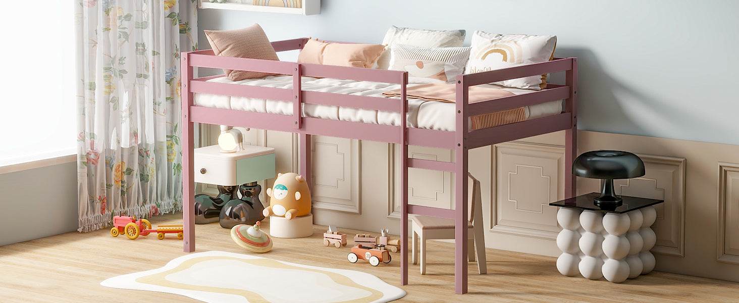 Solid Wooden, Rubber Wooden Twin Loft Bed with Ladder, Bed Platform of Strengthened Slats, Pink