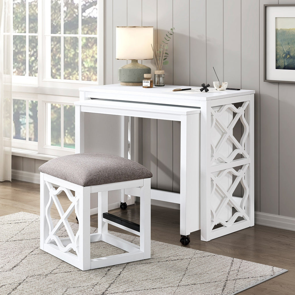 Desks and Stool Set 3pc White Finish Rolling Desk with Casters, 2 Charging ports Home Office Furniture
