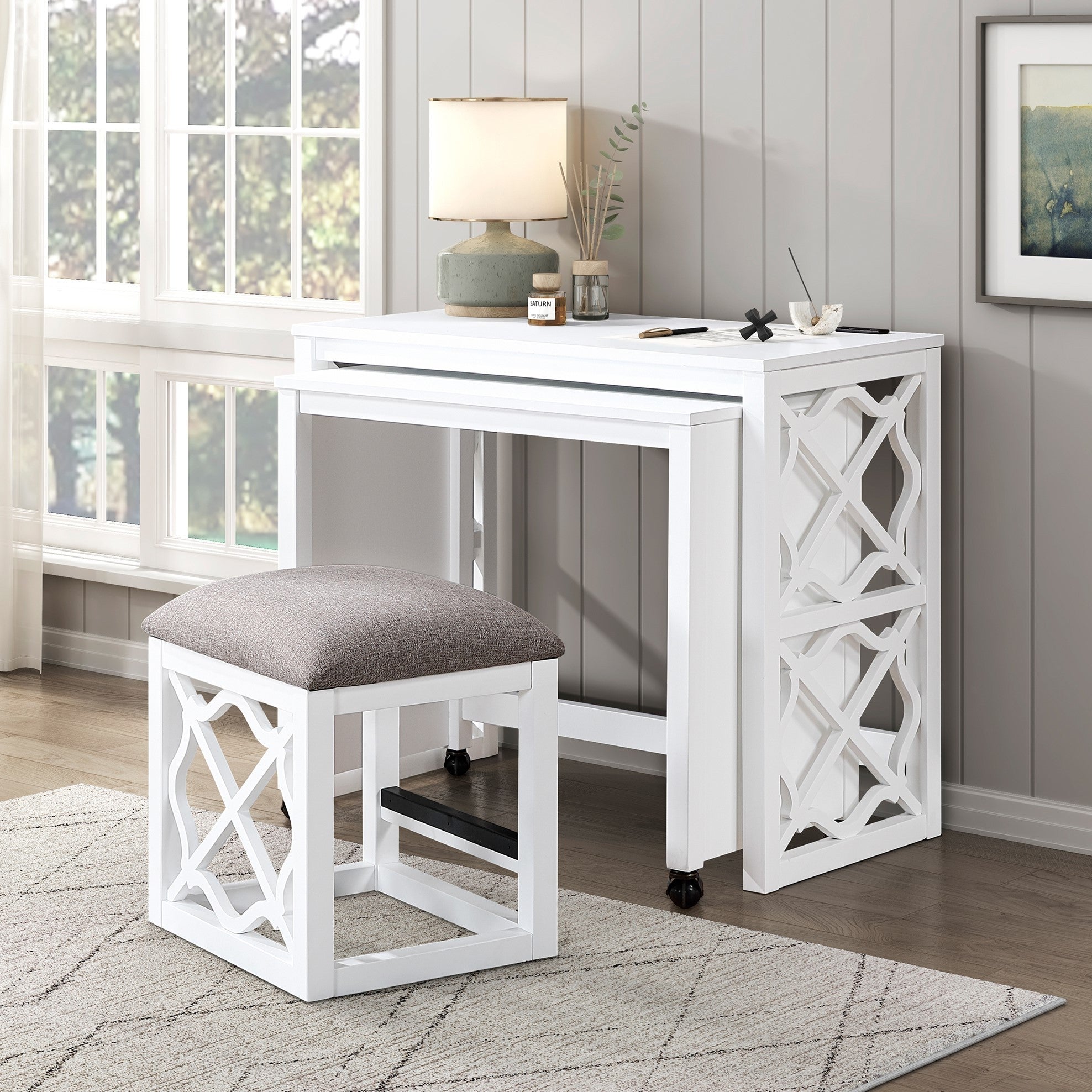 Desks and Stool Set 3pc White Finish Rolling Desk with Casters, 2 Charging ports Home Office Furniture