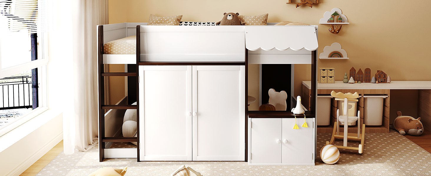 Full Loft House Bed with Playhouse & Storage, Modern Wood Cabin Bed for Kids/Teens, White+Espresso