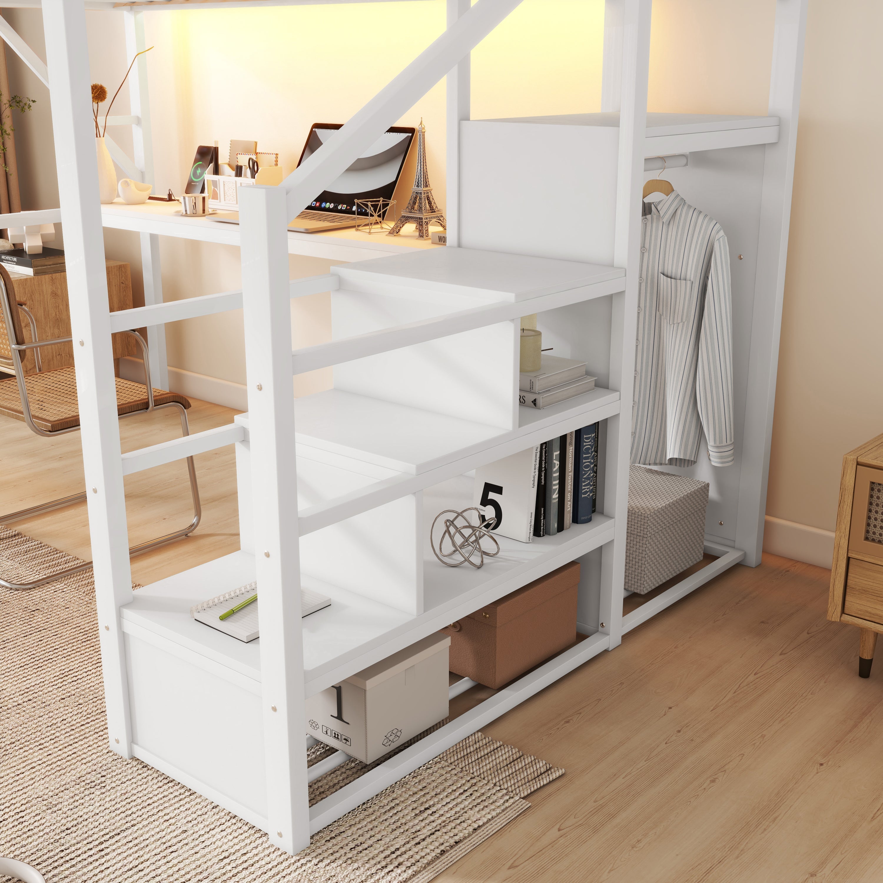 Queen Loft Bed with Desk and Charging Station, Queen Size Metal Loft Bed with Stairs and Light for Kids Teens,White(Old SKU W2580S00033)