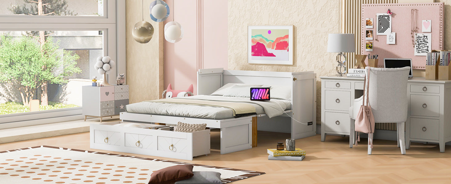 Full Size Murphy Bed with USB Port and a Large Drawer, White