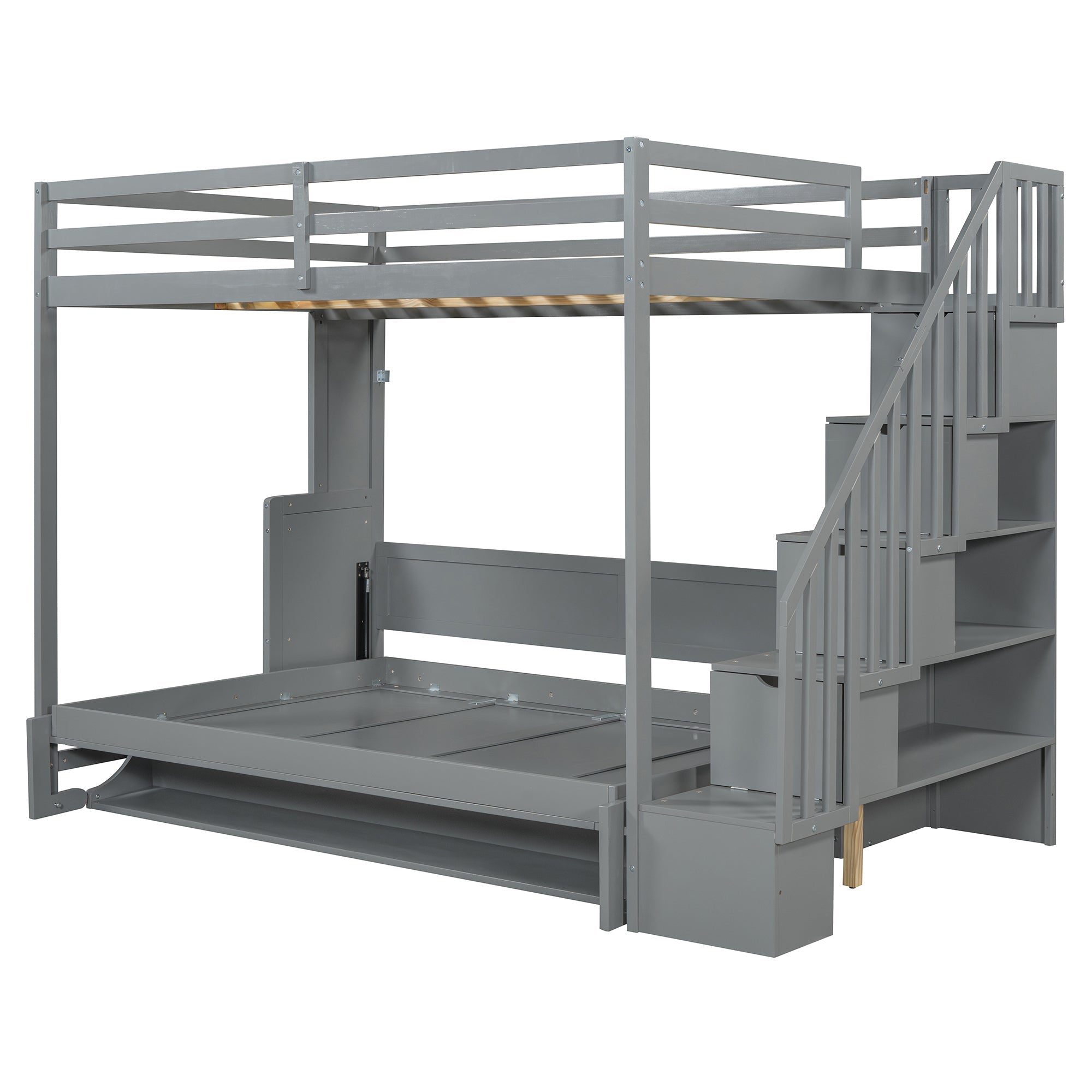 Full Over Full Size Murphy Bed with Hydraulic Lift & Desk Design, Gray
