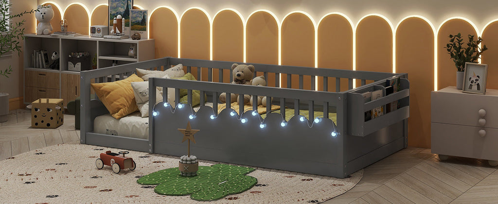 Twin Montessori Floor Bed Frame with High Rails, Wood Kids Floor Beds with Light and Storage Shelf, Gray (Expect Arrival Date 2025/8/15)