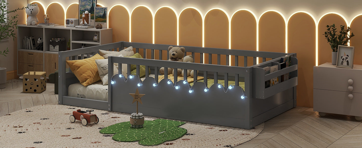 Twin Montessori Floor Bed Frame with High Rails, Wood Kids Floor Beds with Light and Storage Shelf, Gray (Expect Arrival Date 2025/8/15)