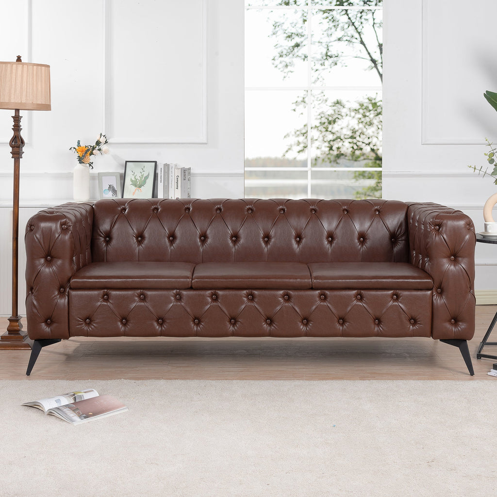 Traditional Square Arm 3-Seater Sofa with Removable Cushion, Dark Brown PU, 84.06 Inch