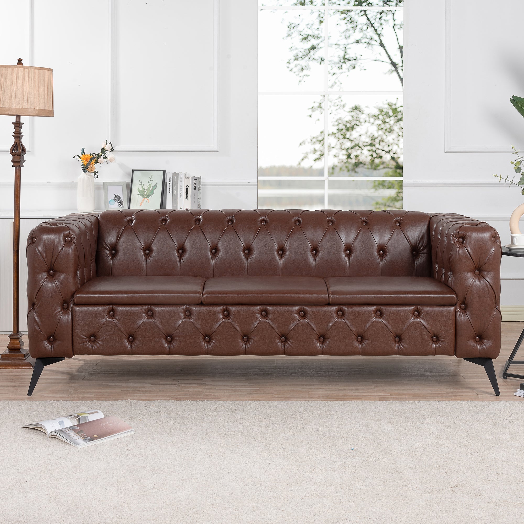 Traditional Square Arm 3-Seater Sofa with Removable Cushion, Dark Brown PU, 84.06 Inch