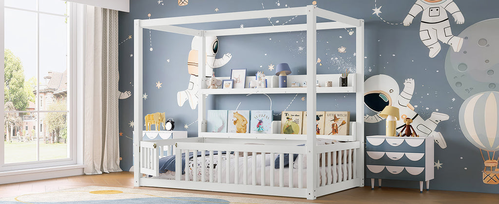Twin Size Canopy Bed with Guardrails, Solid Wood Floor Bed with Shelves, Montessori Floor Bed Frame for Kids, Boys, Girls, No Spring Box Needed, White