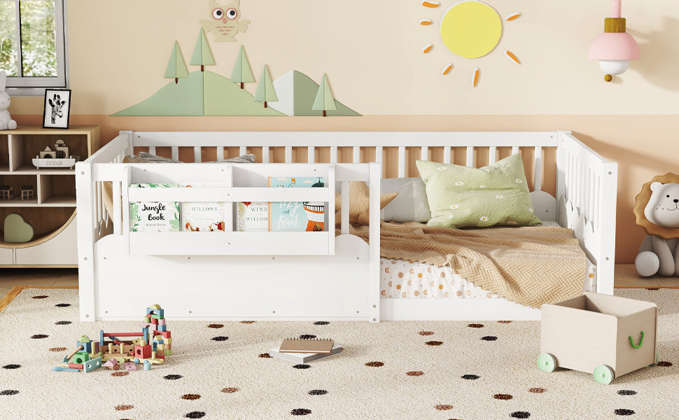Twin Floor bed with Heightened Fence and bookshelf ,Wood Floor Bed for Kids, White.
