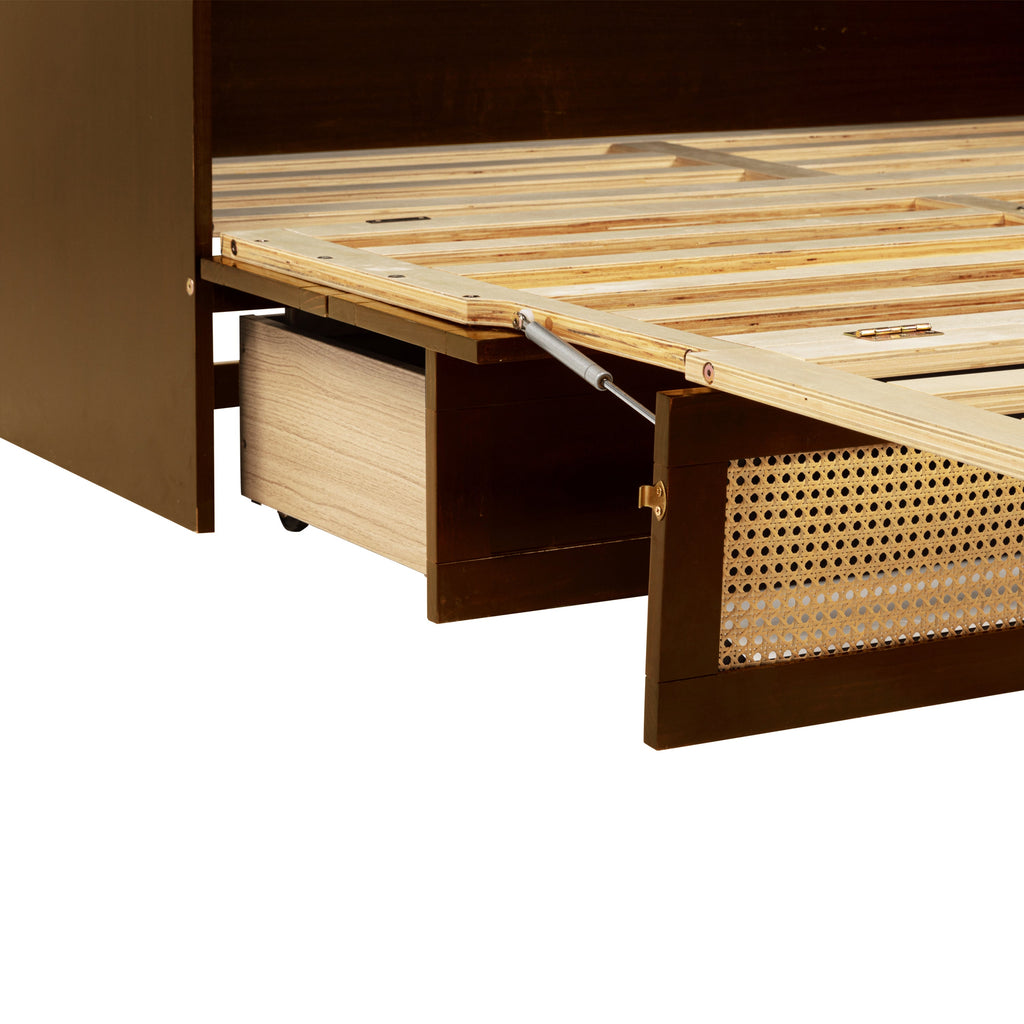 Queen Size Murphy Bed, Pine Wood Cabinet Bed with Rattan Decoration and Storage Drawer,Walnut