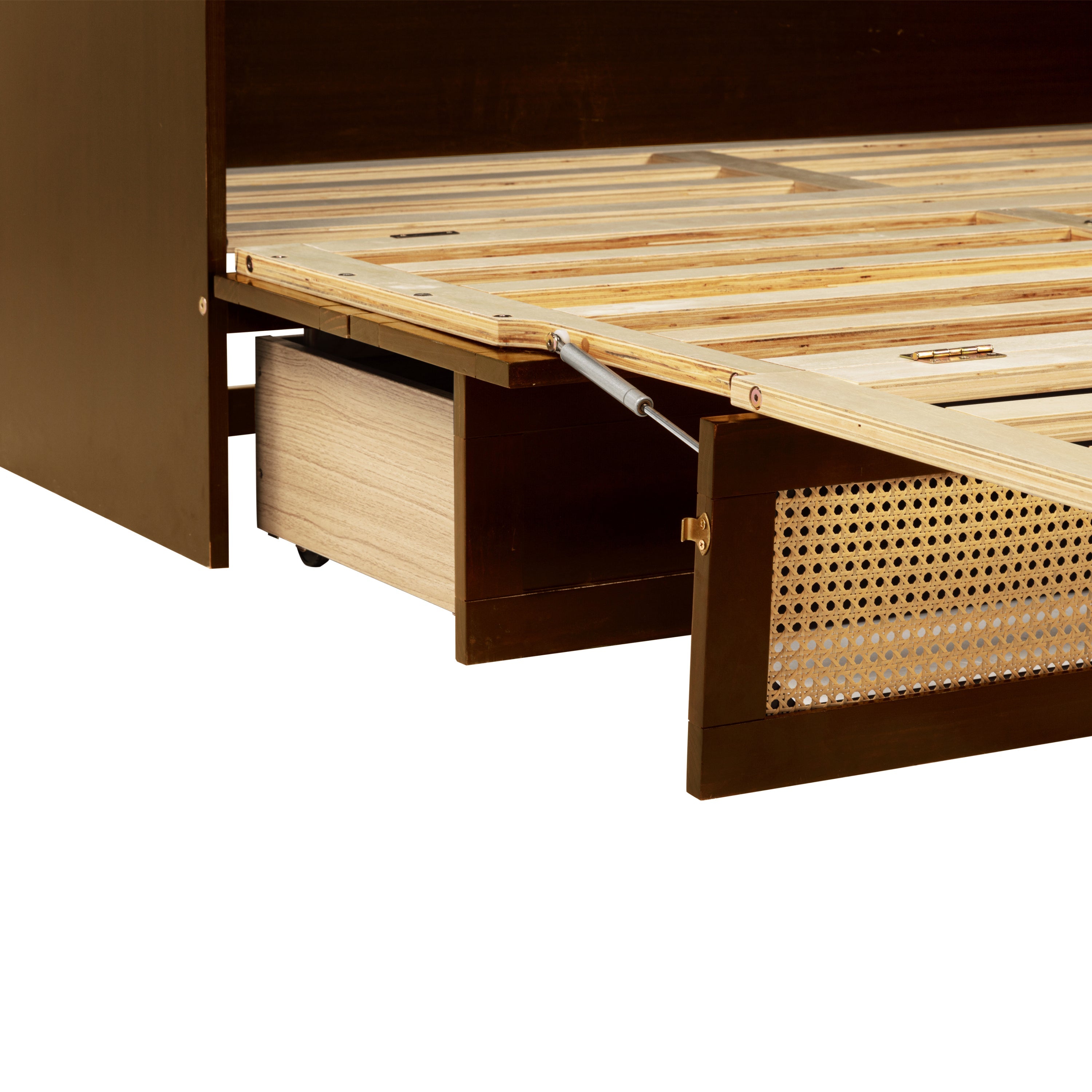 Queen Size Murphy Bed, Pine Wood Cabinet Bed with Rattan Decoration and Storage Drawer,Walnut