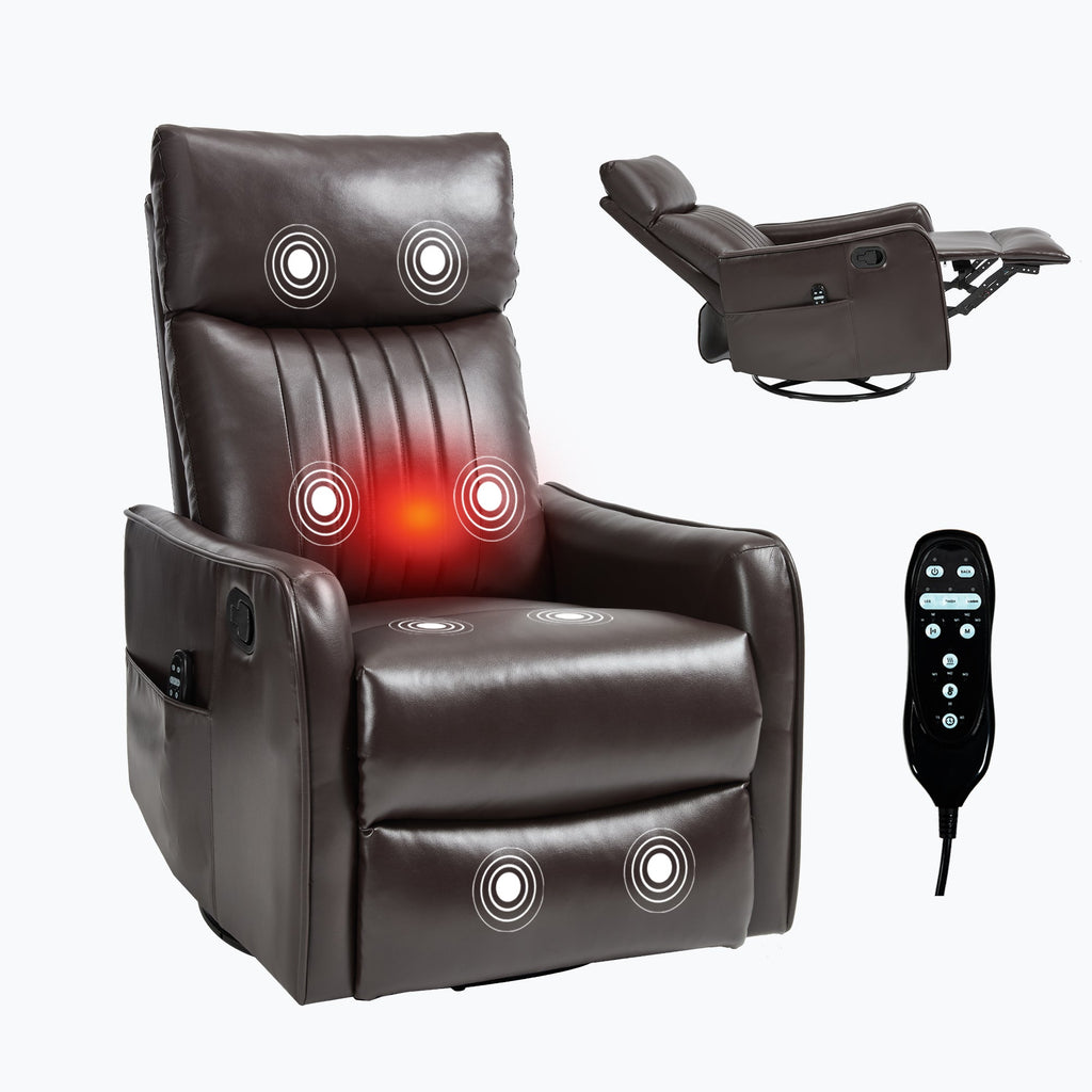 Brown Faux Leather Heat Massage Manual Recliner Chair with Rocker and Swivel for Living Room