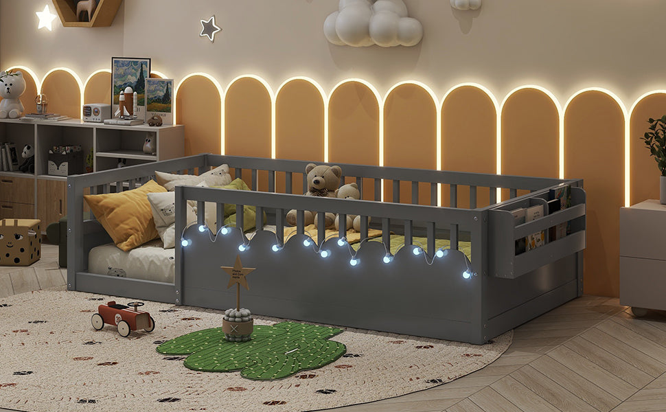 Twin Montessori Floor Bed Frame with High Rails, Wood Kids Floor Beds with Light and Storage Shelf, Gray (Expect Arrival Date 2025/8/15)