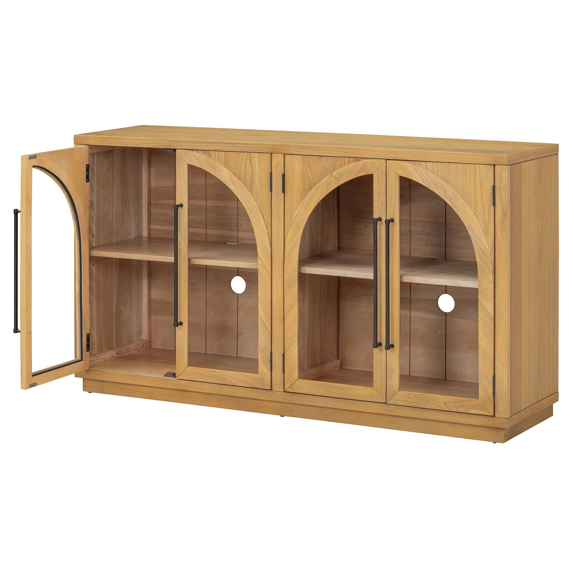 TREXM 4-Door Large Storage Sideboard Buffet Cabinet with Glass Doors, Arched Cabinet with Adjustable Shelves for Kitchen, Dining Room and Living Room (Natural Wood)