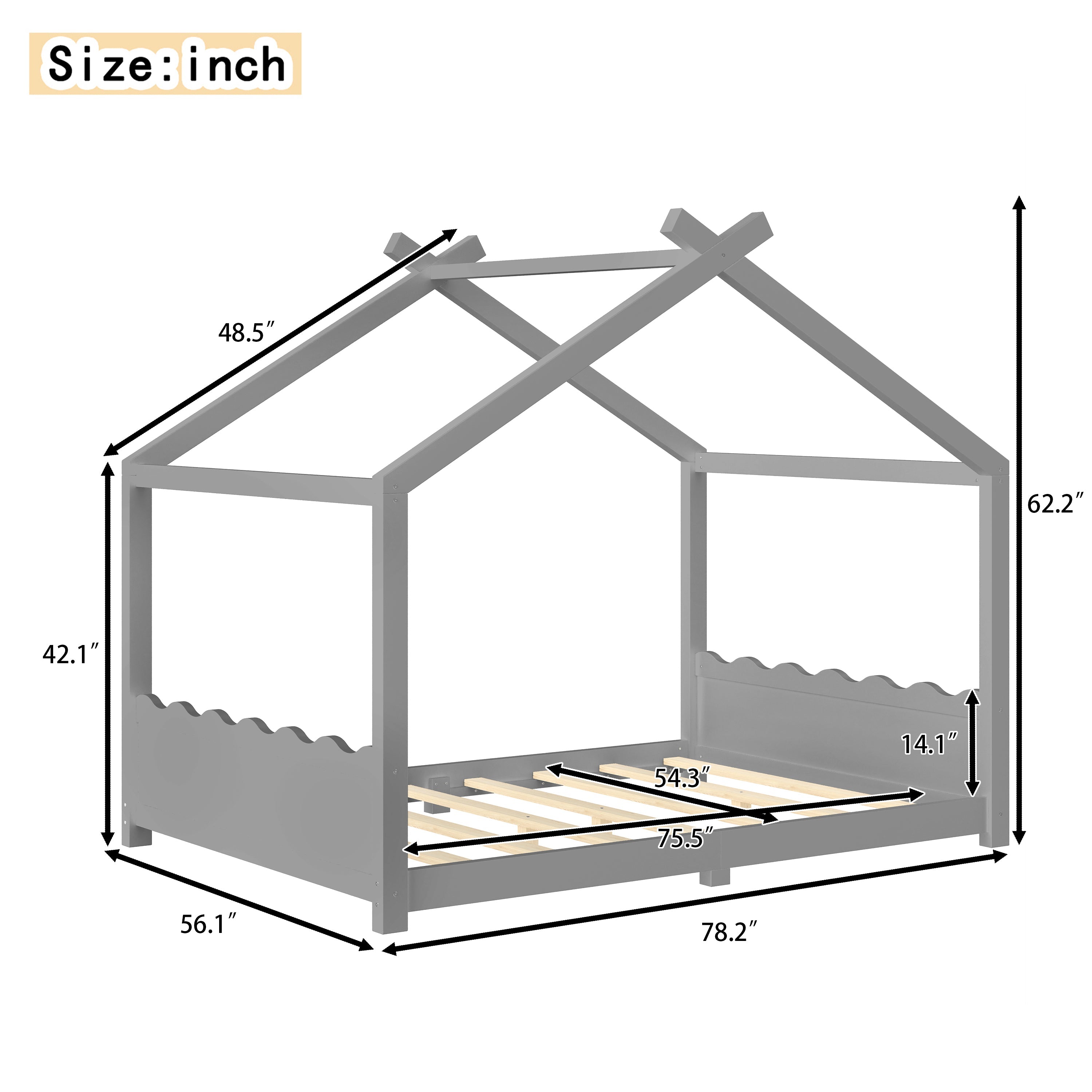 Full House Floor Bed with Support Slats, Solid Wood House Bed Frame for Kids, No Box Spring Needed and Opening Constructure, Gray