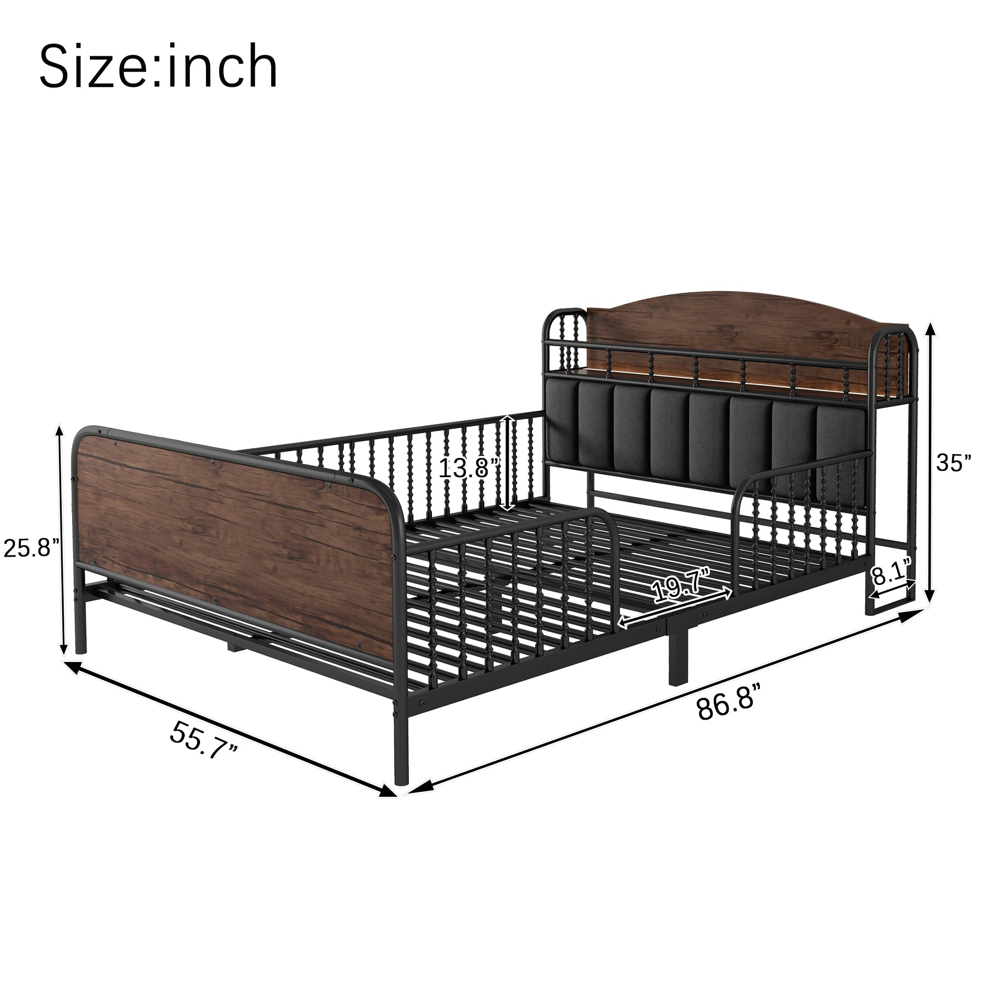 Full Size Metal Platform Bed Frame with Light, Kids Full Metal Bed with Upholstered and Storage Headboard, Black (Expect Arrival Date 2025/10/5)
