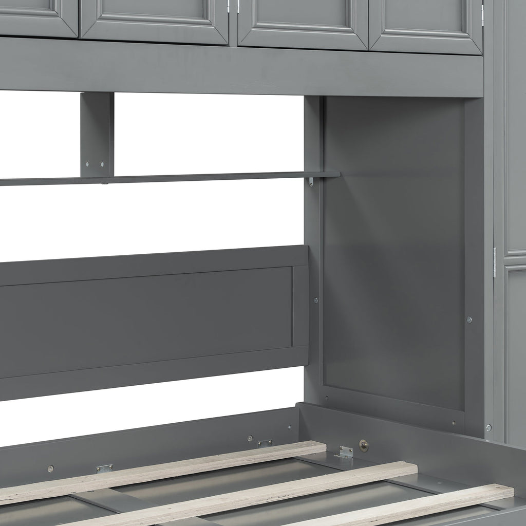 Twin Size Murphy Bed Wall Bed with Wardrobe, Cabinet and Desk, Gray