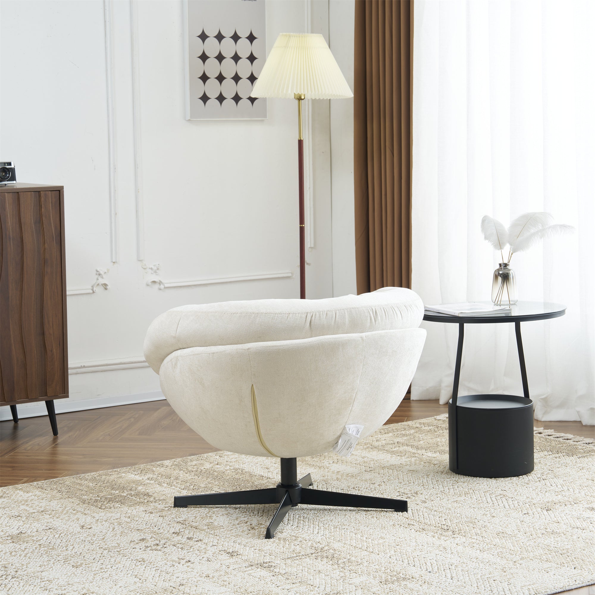 Modern Chenille Office Chair, 360° Swivel Club Chair/Accent Chair with Removable Cushion, Round Office Chair, Black Metal Base, Cotton Material, Living Room, Bedroom, Reading Corner, Office (Beige)