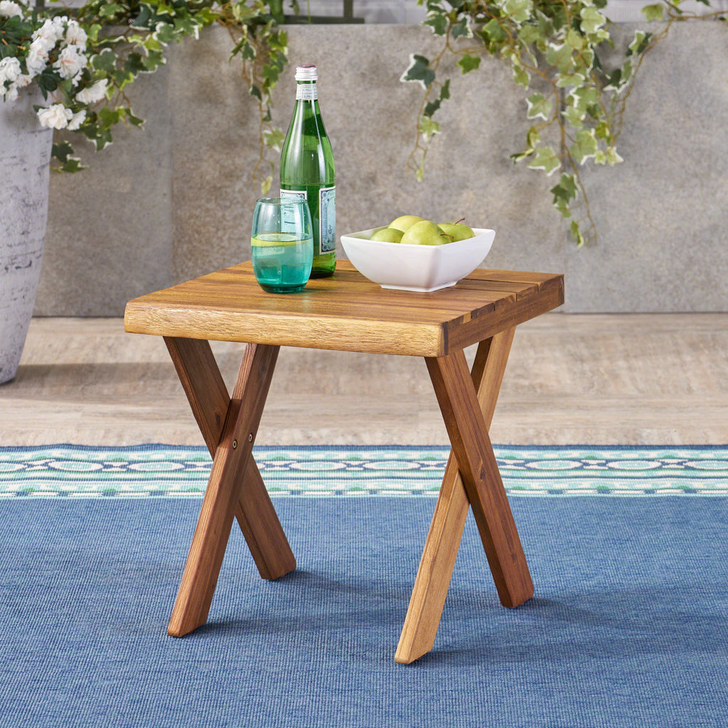 Passion Outdoor Side Table with Cross Base and Slatted Top, Teak