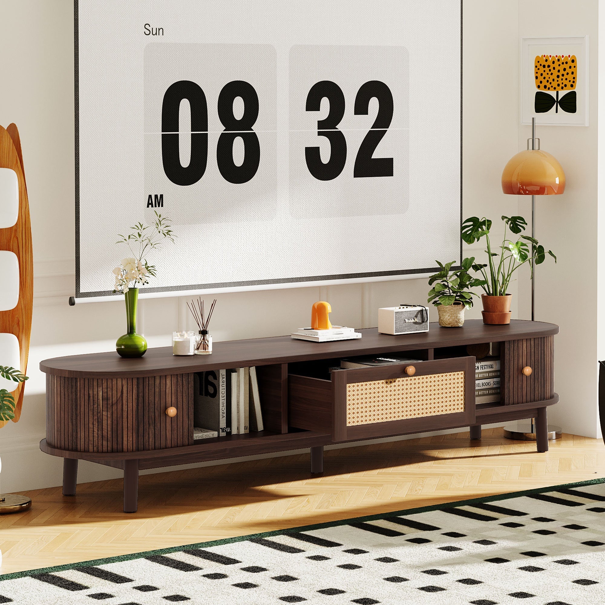 Modern Design TV Stand for 75' TVs, Media Console TV Cabinet with Rattan-Front Drawer for Living Room, 1 Drawer and 2 Sliding-Door Cabinets