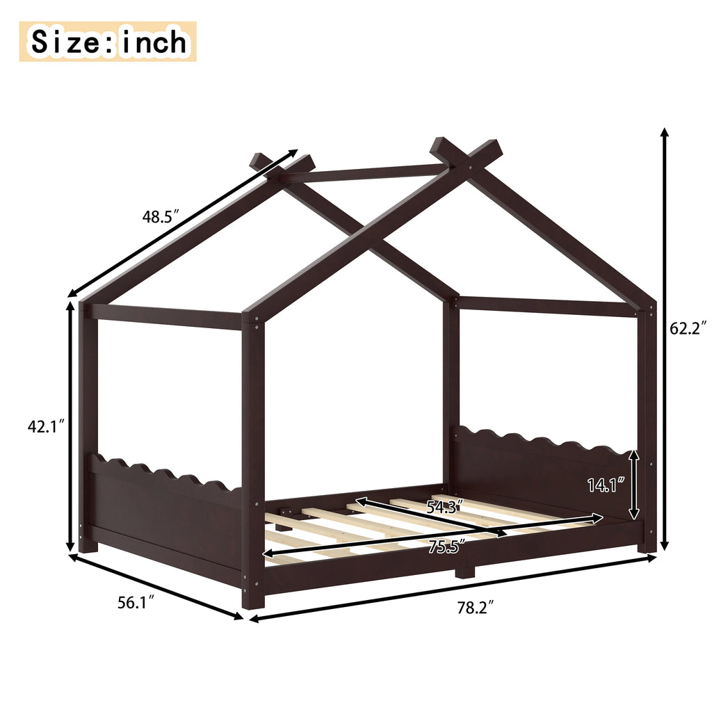 Full House Floor Bed with Support Slats, Solid Wood House Bed Frame for Kids, No Box Spring Needed and Opening Constructure, Espresso
