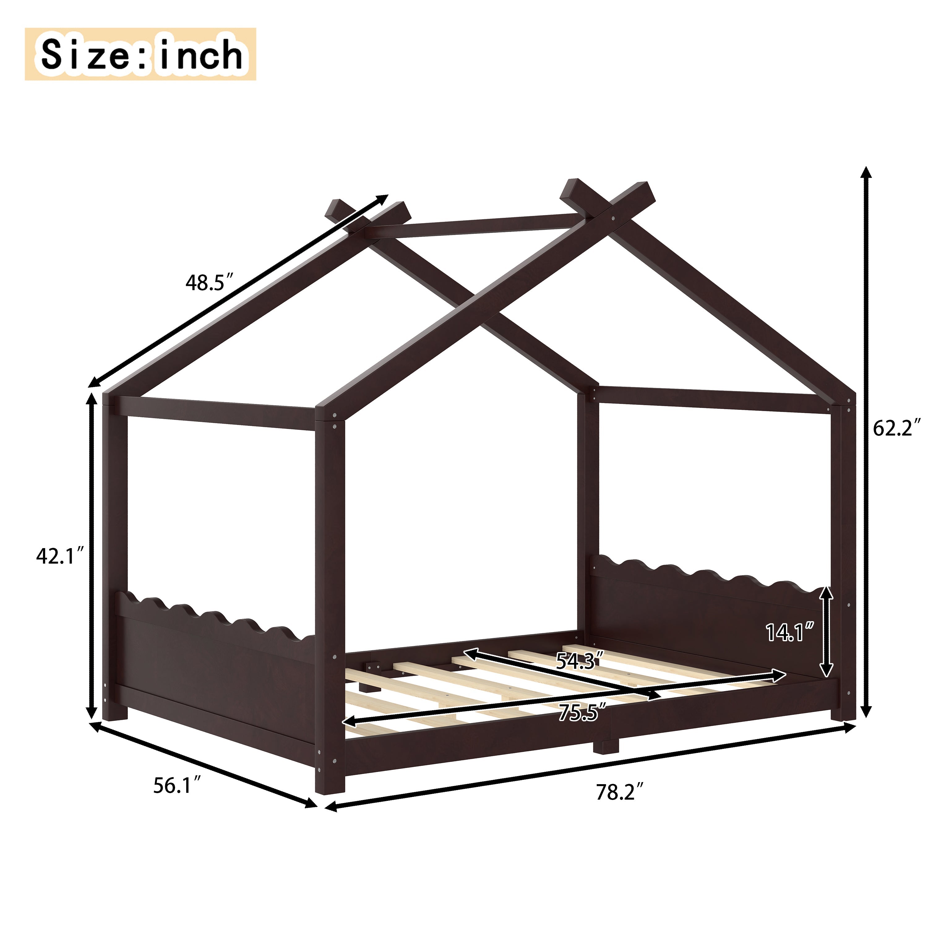 Full House Floor Bed with Support Slats, Solid Wood House Bed Frame for Kids, No Box Spring Needed and Opening Constructure, Espresso