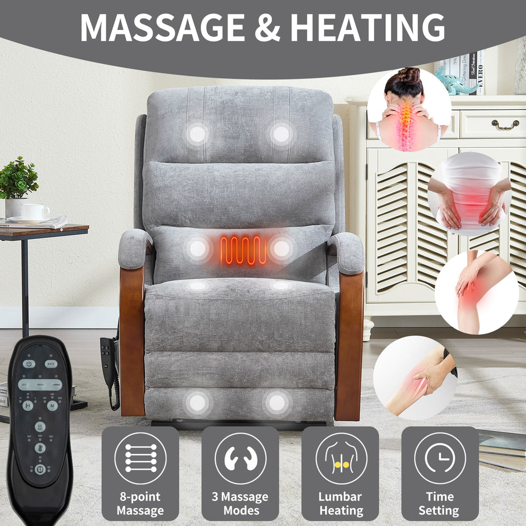 Power Grey Chenille Lift Recliner Chair Dual Motor Infinite Position Up to 350 LBS with Solid Wood Armrests, Heat Massage and Heavy Duty Motion Mechanism