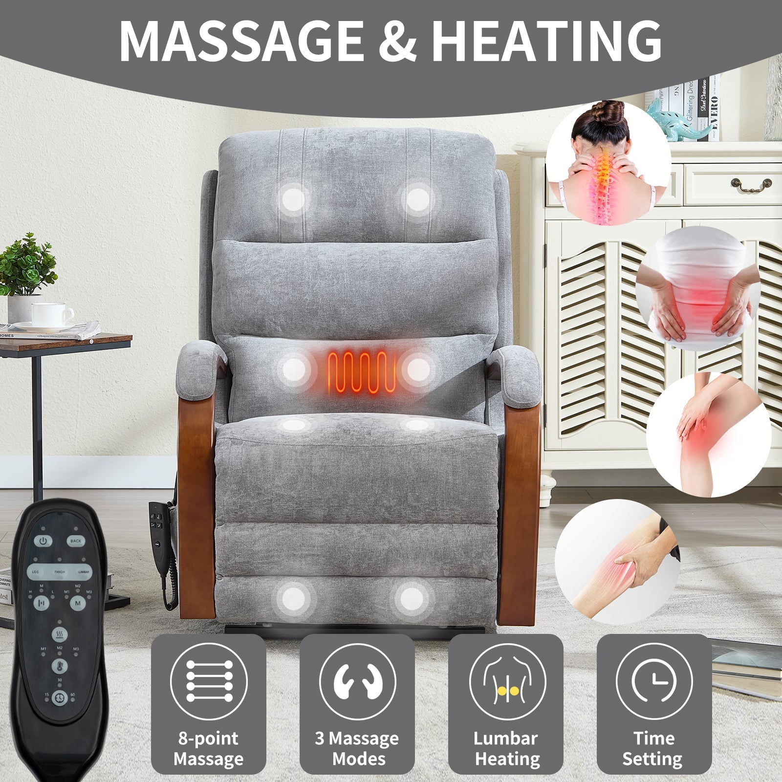 Power Grey Chenille Lift Recliner Chair Dual Motor Infinite Position Up to 350 LBS with Solid Wood Armrests, Heat Massage and Heavy Duty Motion Mechanism
