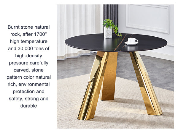 The 42-inch stainless steel gold-plated flamed granite round table with seating for 4 or 6 people is perfect for dining, entertaining, or as a conference table