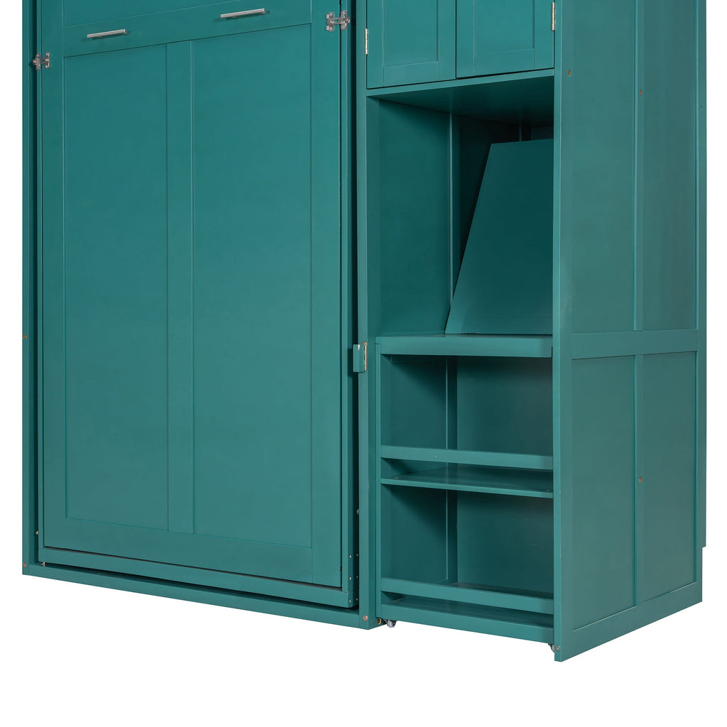 Twin Size Rotating Wall Murphy Beds with Bookshelf, Top Cabinet, Extendable Desk & Side Storage, Teal