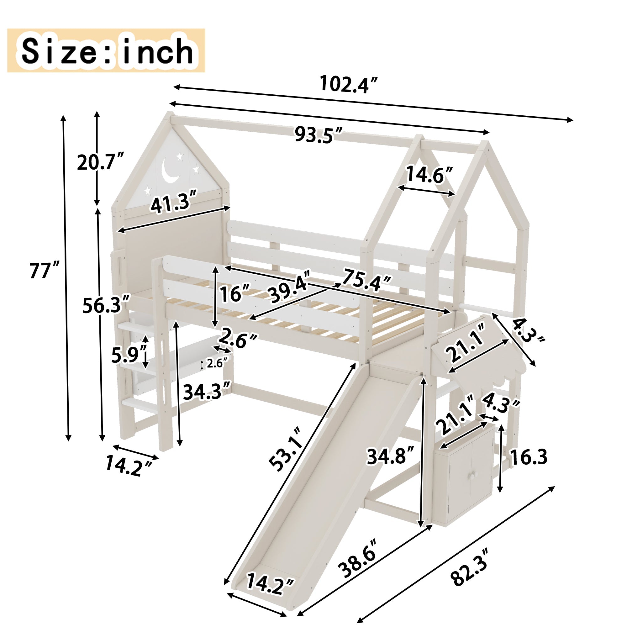 Twin Size Loft Bed with Bookshelf Playful Design for Kids House-Shaped Structure with Slide High-Quality Safety Rails,Beige
