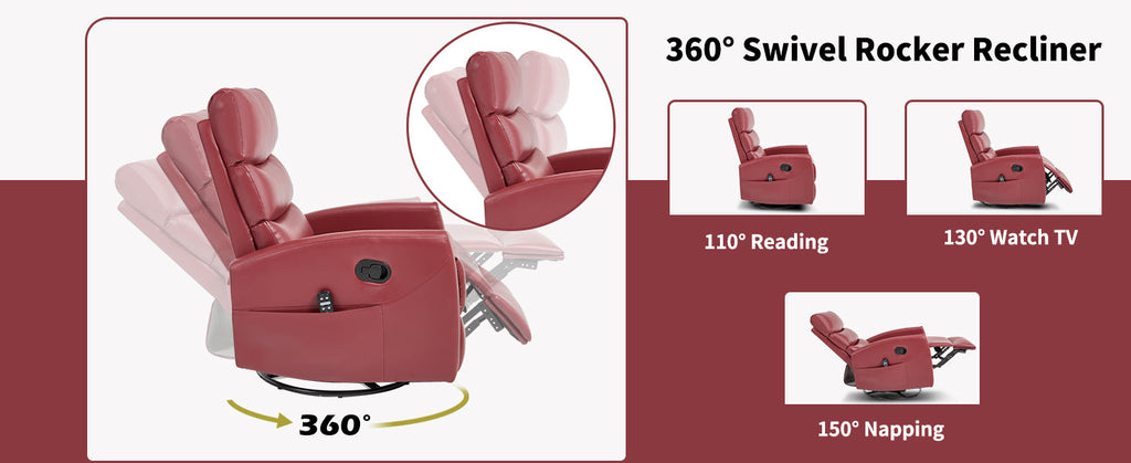 Heat Massage Manual Recliner Chair with Rocker and Swivel in Fabric for Living Room, Red