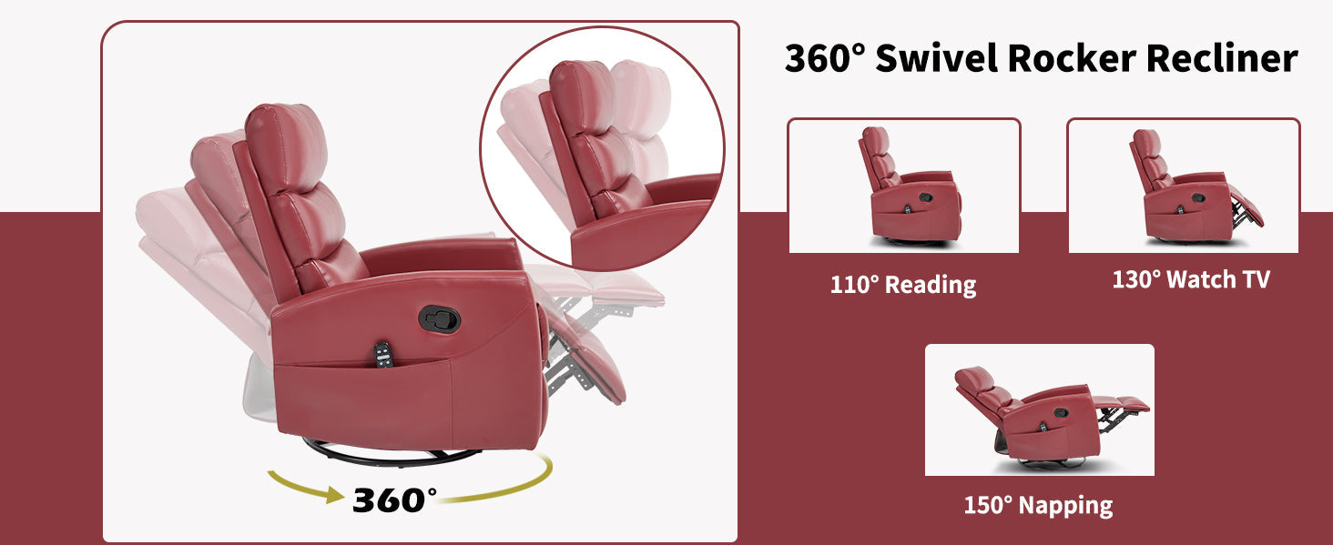 Heat Massage Manual Recliner Chair with Rocker and Swivel in Fabric for Living Room, Red