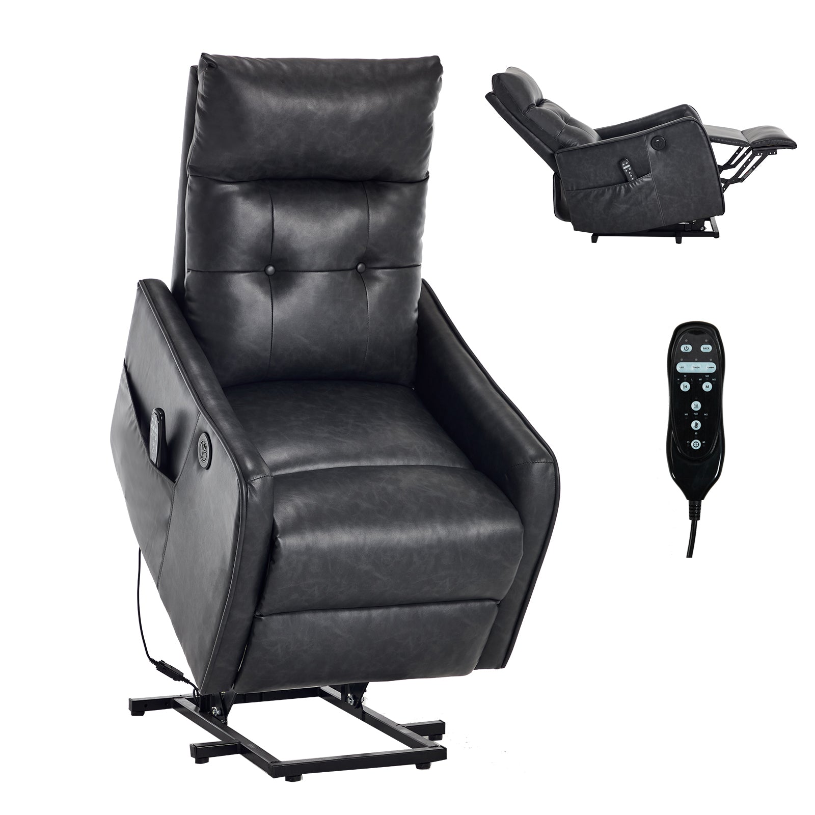 Deep Grey PU Single Motor Power Lift Recliner Chair with Massage and Heat for Elderly, Heavy Duty Motion Mechanism and One USB for Charging, Max Reclining Angle 155°