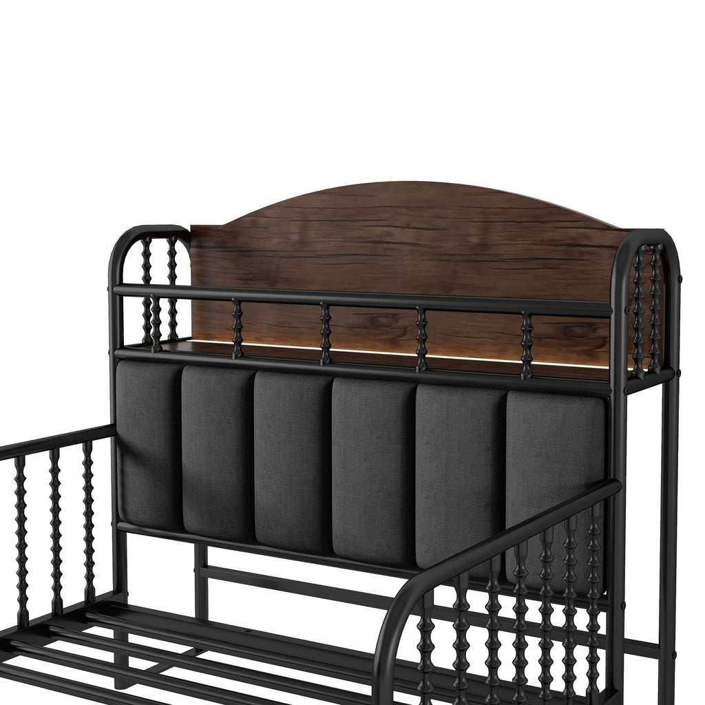 Twin Size Metal Platform Bed Frame with Light, Kids Twin Metal Bed with Upholstered and Storage Headboard, Black (Expect Arrival Date 2025/10/5)