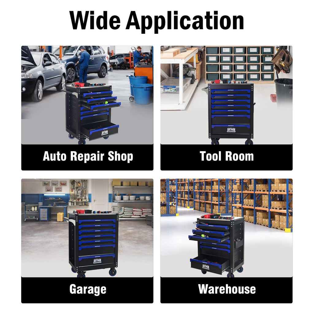 30-inch 7-drawer Iron-top Practical Rolling Steel Tool Cart, With Handle and Wheels, Storage Cabinet for Garages, Warehouses, Repair Shops, Requires Assembly of the the Tool Cart - Black & Blue