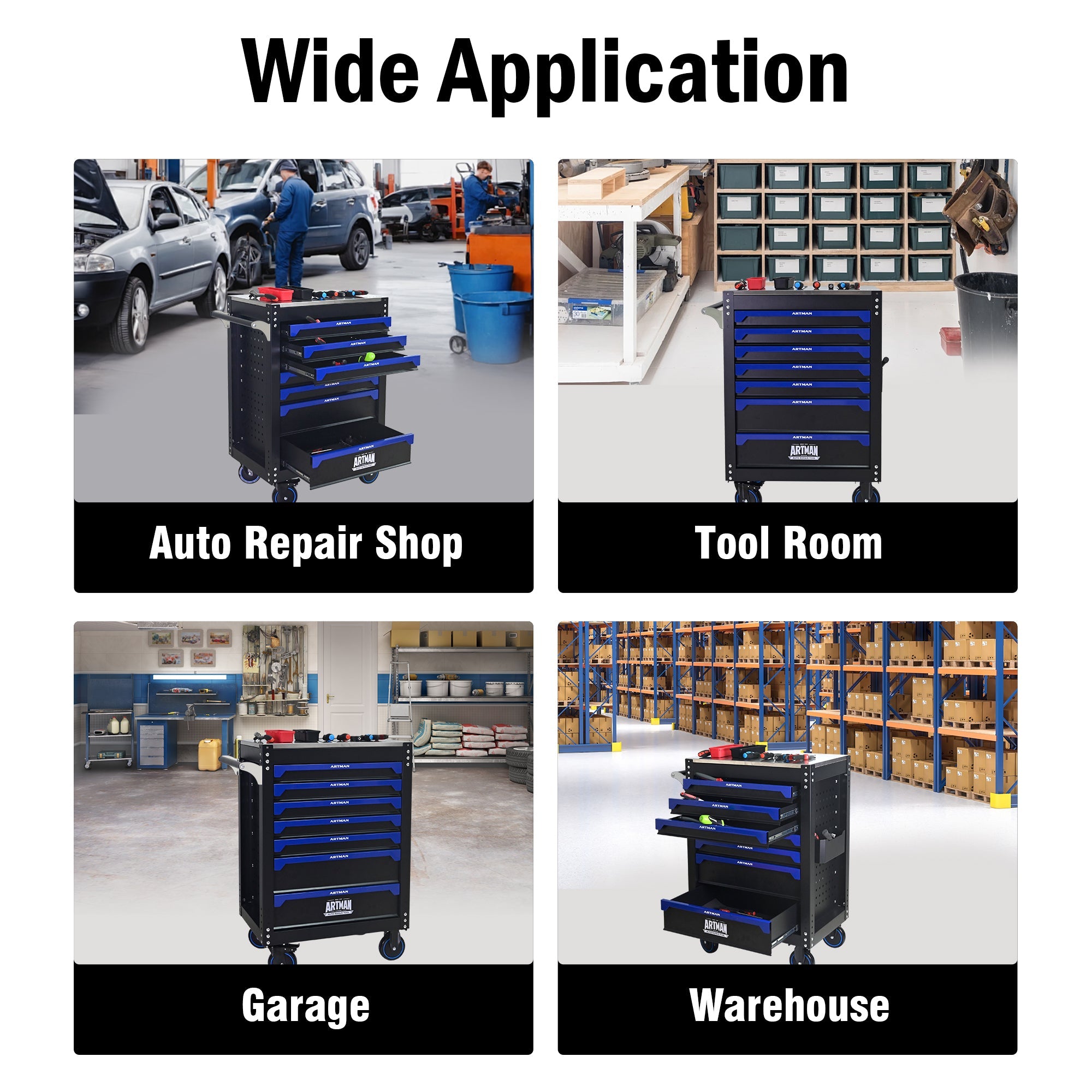 30-inch 7-drawer Iron-top Practical Rolling Steel Tool Cart, With Handle and Wheels, Storage Cabinet for Garages, Warehouses, Repair Shops, Requires Assembly of the the Tool Cart - Black & Blue