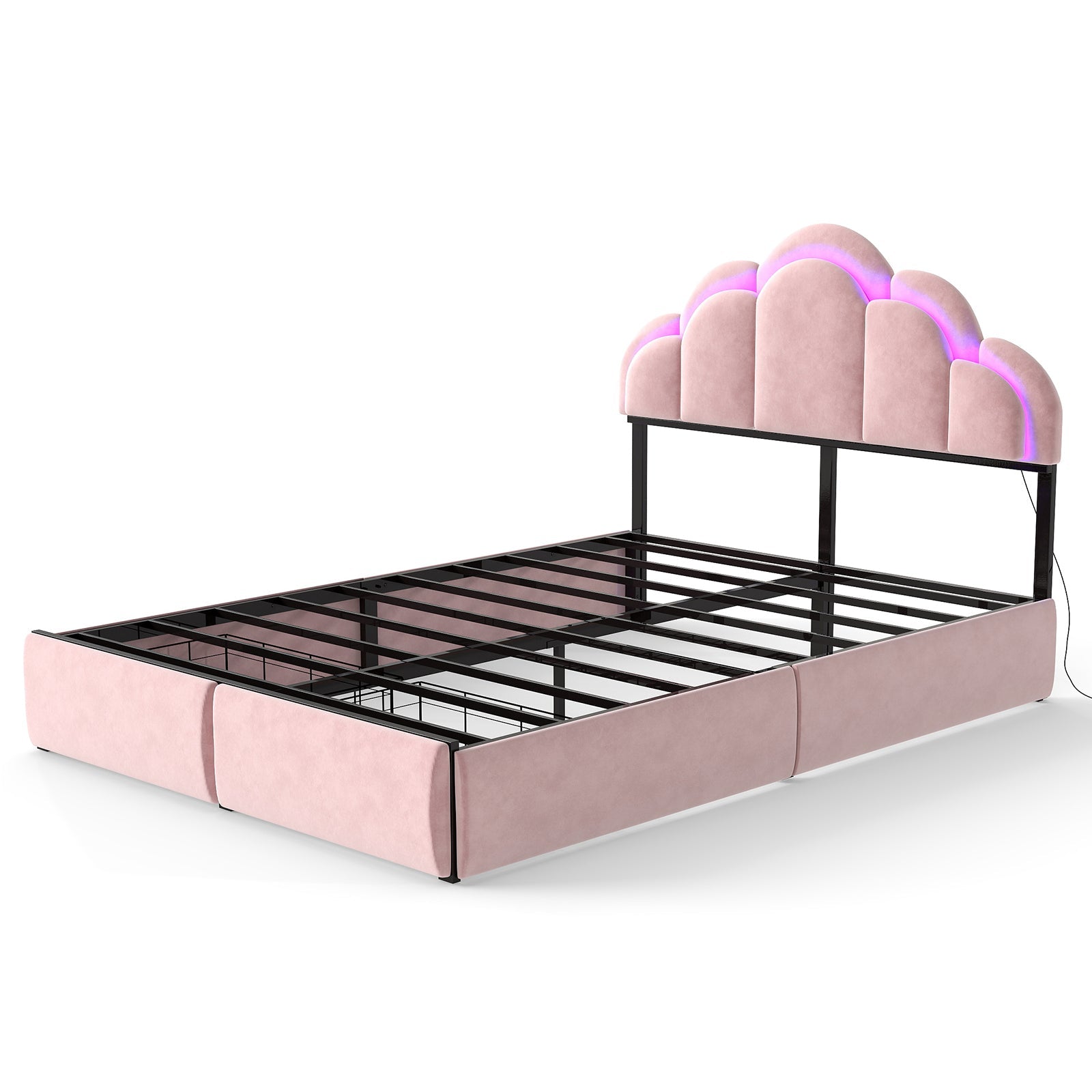 RGB LED Velvet Upholstered Platform Bed with Petal Headboard and Storage Drawers for Kids Bedroom in Pink, Wood+Metal Construction