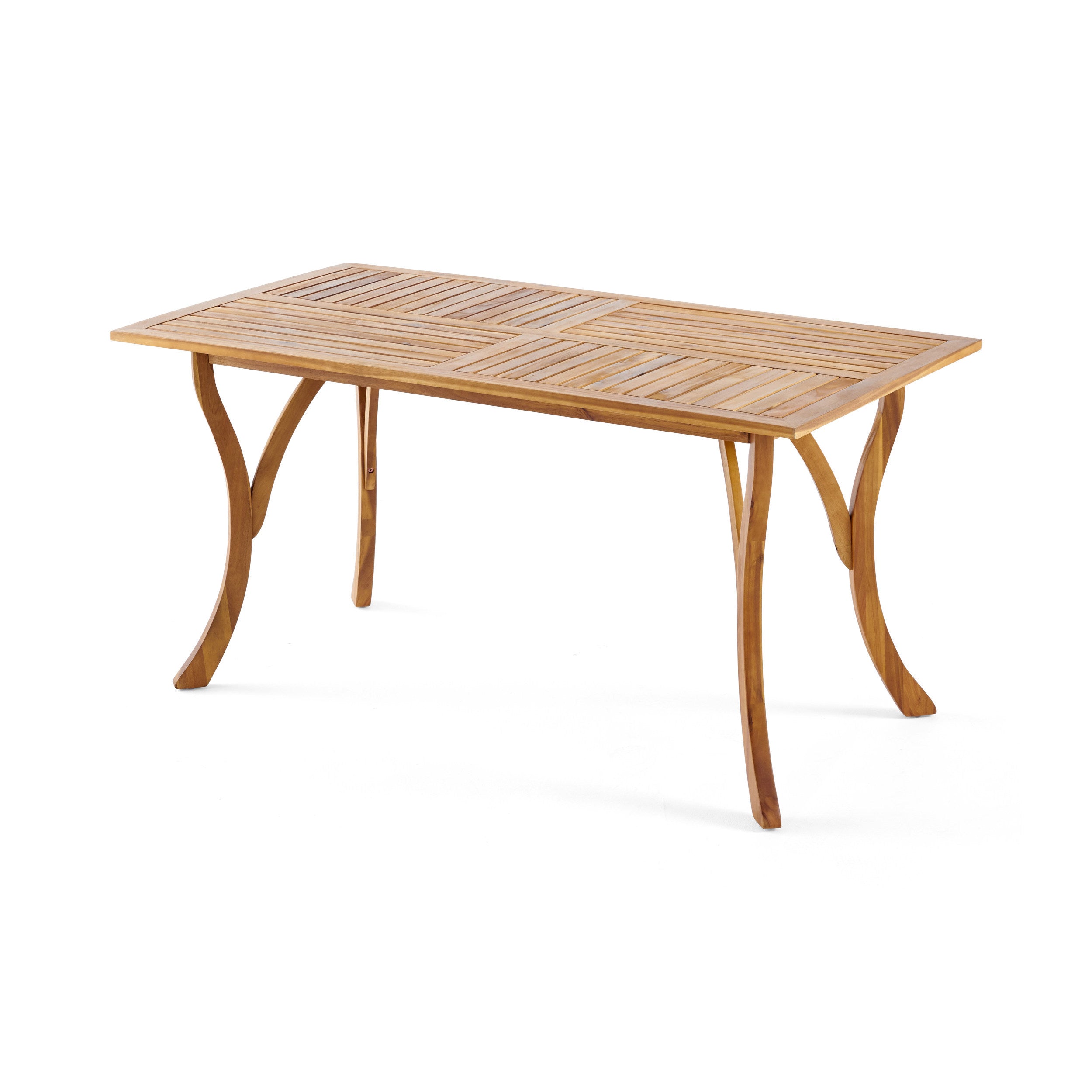 Outdoor Rectangular Table with Curved Legs and Perpendicular Wooden Slats Table Top, Teak